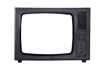 Old vintage television with white screen isolated on white background. Side view.PNG.