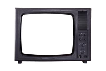 Old vintage television with white screen isolated on white background. Side view.PNG.
