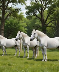 Group of white stallions standing gracefully on a grassy pasture dotted with trees, ranch, tranquil, serene, companionship
