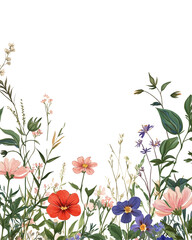 Pastel Wildflower Border Illustration - Blooming Floral Design with Soft Greenery - Elegant Botanical Art