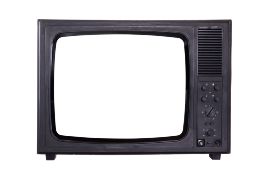 Old vintage television with white screen isolated on white background. Side view.PNG.