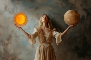 Model with closed eyes holding sun and moon in balance, facing grunge wall, wearing long dress