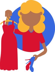 Colorful vector illustration of a french woman holding shoes and a hanger with a crimson dress in a flat cartoon style. The classic and timeless style of French fashion. Glamour, shopping, and haute c
