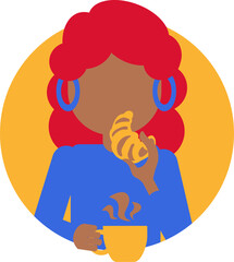 Colorful vector illustration of a woman sitting in a cafe with a cup of a drink and eating a croissant in a flat cartoon style. Latte or espresso and a traditional French bakery. Bread and coffee fest