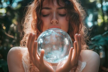 Fototapeta premium Young woman with curly hair holding a crystal ball in her hands with closed eyes, performing a divination ritual in a mysterious forest