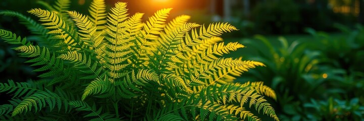 Early morning sun casts a warm glow on the lush green foliage of a fern plant in a serene garden setting, shadow, dawn, light