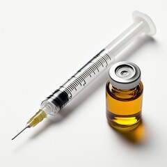 A syringe and a vial of amber liquid, commonly associated with medical or pharmaceutical applications.