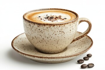 Fototapeta premium A close-up of an elegant porcelain cup of milk tea with cream and foam, placed on a saucer, isolated on a white background with studio lighting.