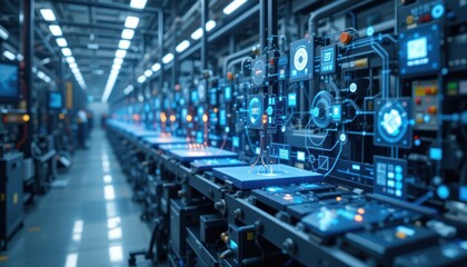 Fototapeta premium Smart factory automation line, digital displays, workers, manufacturing