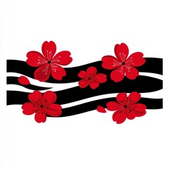 Red Plum Blossoms on Black and White Wavy Stripes Elegant Asian Floral Design