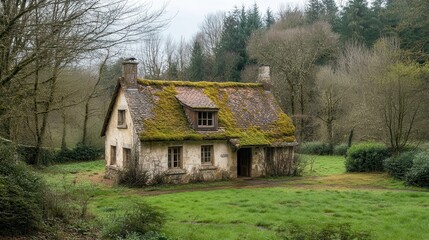 Fototapeta premium Historic cottage covered in moss, surrounded by lush greenery on a misty afternoon. Generative AI