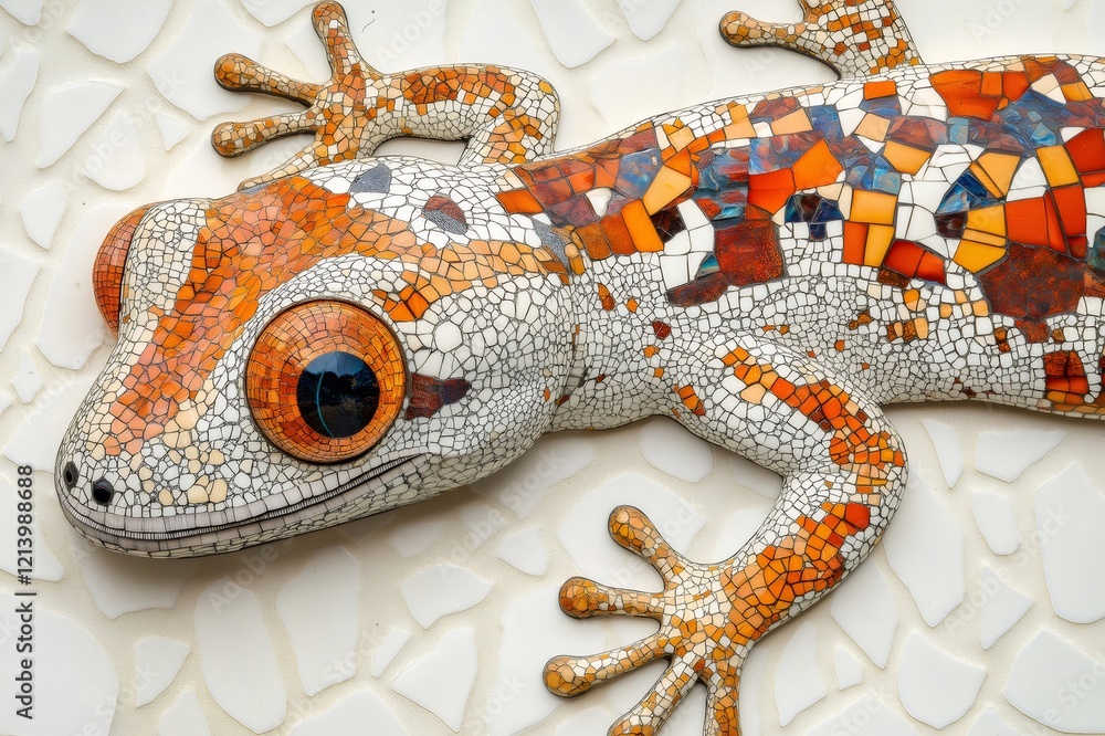 Poster close up of a mosaic gecko in earthy tones with intricate patterns, showcasing artistic detail and c