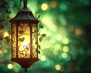 An elven lantern with delicate vines and leaf patterns, radiating a magical, forest-inspired charm.
