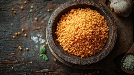 Rustic wooden bowl of pasta, garlic, herbs, dark background, food photography