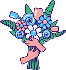 Vector graphic illustration of hands holding a bunch of delicate flowers in stroked cartoon style. Delightful mix of flowers and green leaves. Present for various occasions such as birthdays, annivers