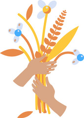 Vector graphic illustration of hands holding a bunch of wilted flowers in solid cartoon style. Fleeting nature of beauty, sadness or nostalgia. Bright autumnal season. Psychology icon, different state