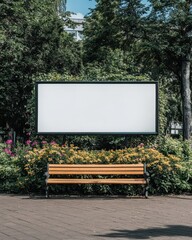 Blank Billboard with Bench in City Park Surrounded by Lush Greenery.