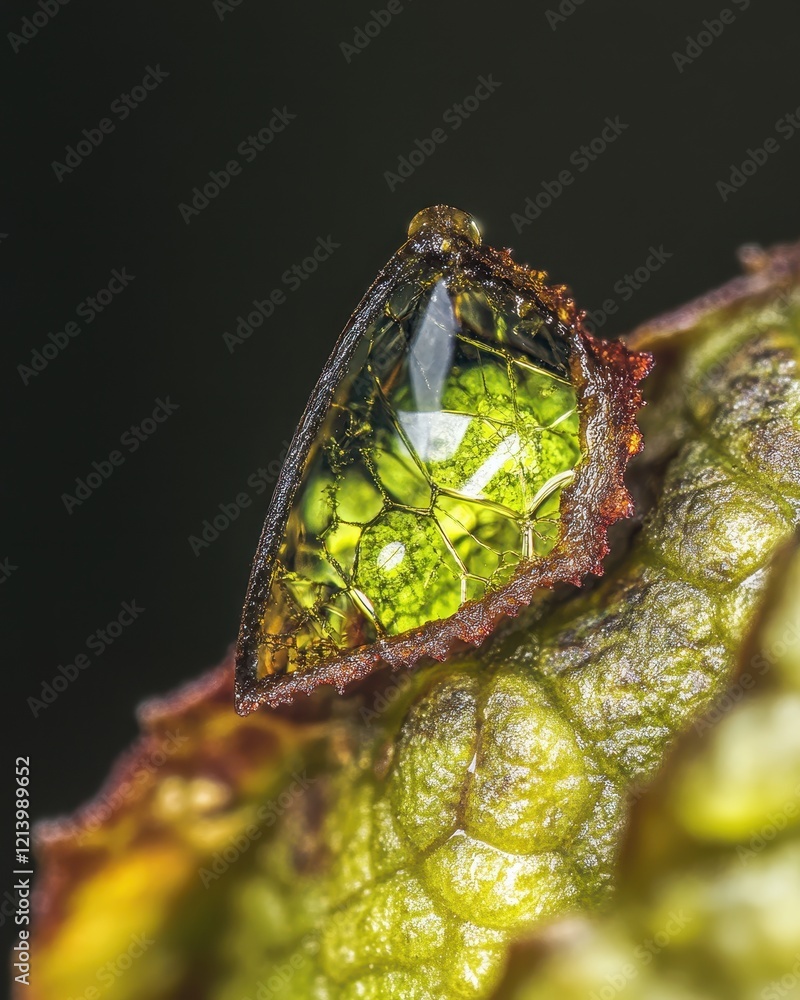 Poster translucent dewdrop with hexagonal structure reflecting green leaf on dark background, macro close-u