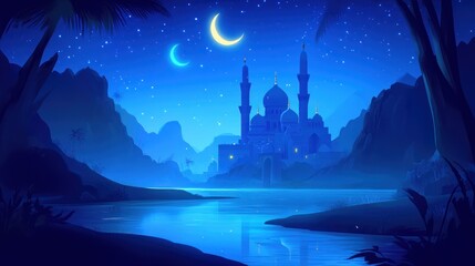 Naklejka premium Serene Mosque Night Landscape Under Crescent Moons