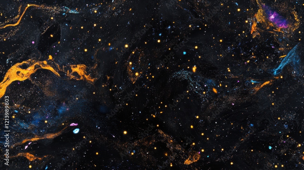 Poster cosmic nebula swirl abstract deep space background with shimmering stars and fluidic hues.