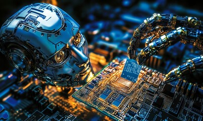 Fototapeta premium Robot hand placing chip onto a circuit board.