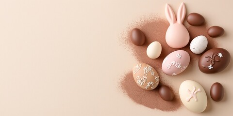 Chocolate Easter Bunny with Floral and Egg Decorations Background. Rabbit Surrounded by Artistic Easter Eggs and Cocoa Powder on Light Beige Backdrop. Ideal for Easter and Gourmet Themes. AI generated