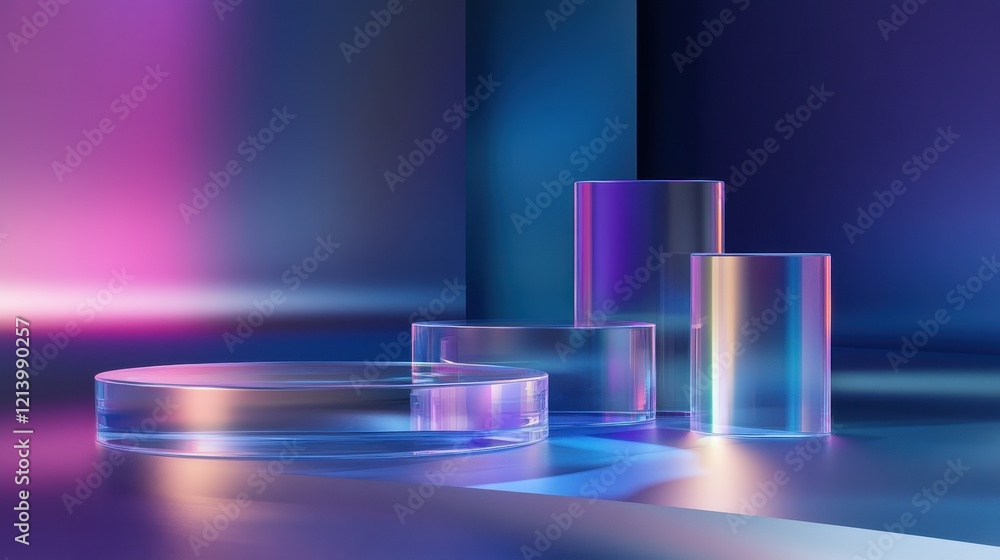 Poster abstract 3d rendering of geometric glass shapes with gradient lighting.