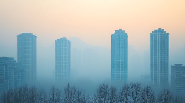 A hazy skyline featuring tall buildings, partially obscured by fog, against a soft, pastel sky at dawn.