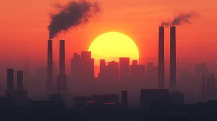 Obraz premium A striking sunset casts a warm glow over industrial smokestacks, highlighting environmental concerns with smoke rising against the vibrant sky.