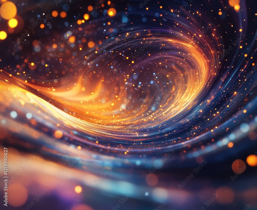 Poster dynamic abstract swirling golden light streaks with bokeh on dark background