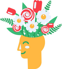 Vector graphic illustration of nosegay blooming out from head in solid cartoon style. Happy and joyful state of mind. Delightful mix of flowers and green leaves. Psychology and mood icon. Various occa