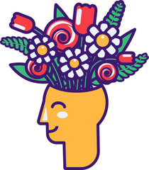 Vector graphic illustration of bunch of flowers blooming out from a head in stroked cartoon style. Happy and joyful state of mind. Delightful mix of flowers and green leaves. Psychology and mood icon.