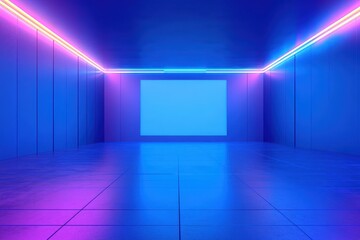 Fototapeta premium Abstract Neon Lit Blue Room with Central Screen and Reflective Floor.