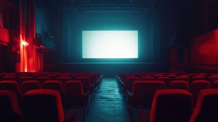Fototapeta premium Empty Movie Theater Auditorium with Red Velvet Seats and Illuminated Screen, Dark Dramatic Mood.