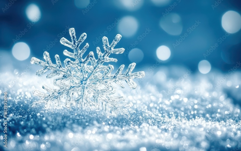 Poster close-up of sparkling ice snowflake on snowy surface with bokeh background in shades of blue.