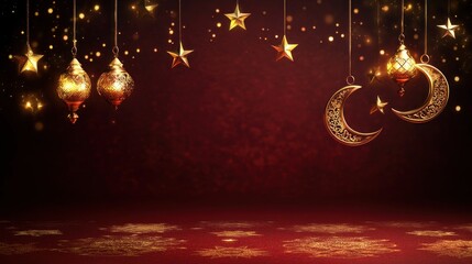 Golden Ramadan Decorations Hanging Against Dark Red Background
