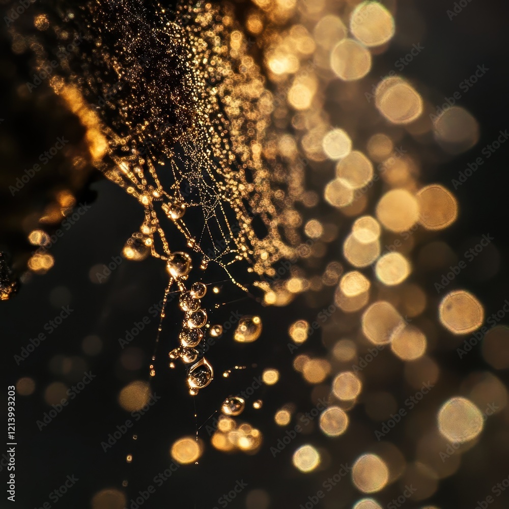 Poster Golden Dewdrops on Spiderweb Abstract Macro of Glistening Bokeh and Delicate Web Strands.