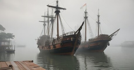 Foggy day with old wooden ship anchored in Malacca Harbour, dock, harbor