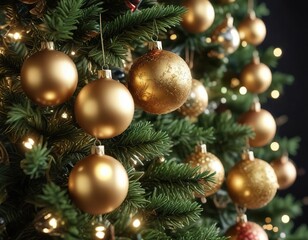 Close-up of a decorated Christmas tree with glowing baubles, holiday season, sparkly ornaments, winter wonderland
