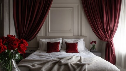 Elegantly styled bedroom with deep red accents and romantic floral touches in a cozy atmosphere. Generative AI