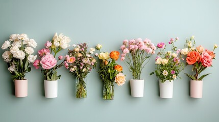 Fototapeta premium Visually Stunning Arrangement of Various Colorful Flowers Displayed in Glass Vases on a Serene Pastel Backdrop Elegant Floral Decor for Home Wedding Event or Gift Purposes