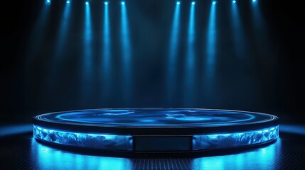 Futuristic Illuminated Circular Stage with Blue Spotlights on Dark Background.