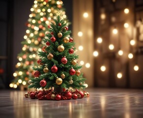 Festive Christmas tree with shiny baubles and glittering lights in blurred background, ornaments hanging, holiday decor