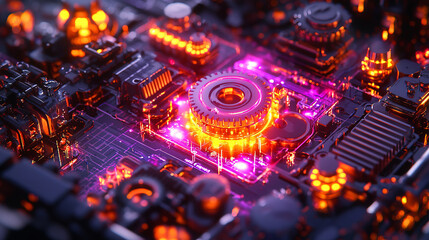 Obraz premium Close-up of a futuristic circuit board with glowing gears.