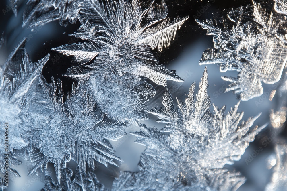 Poster macro view of intricate ice crystals forming on a windowpane, cold weather abstract.