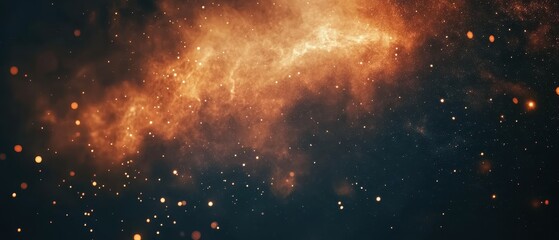 Fototapeta premium Abstract Cosmic Dust Cloud with Golden Glowing Particles on Dark Night Sky Background.
