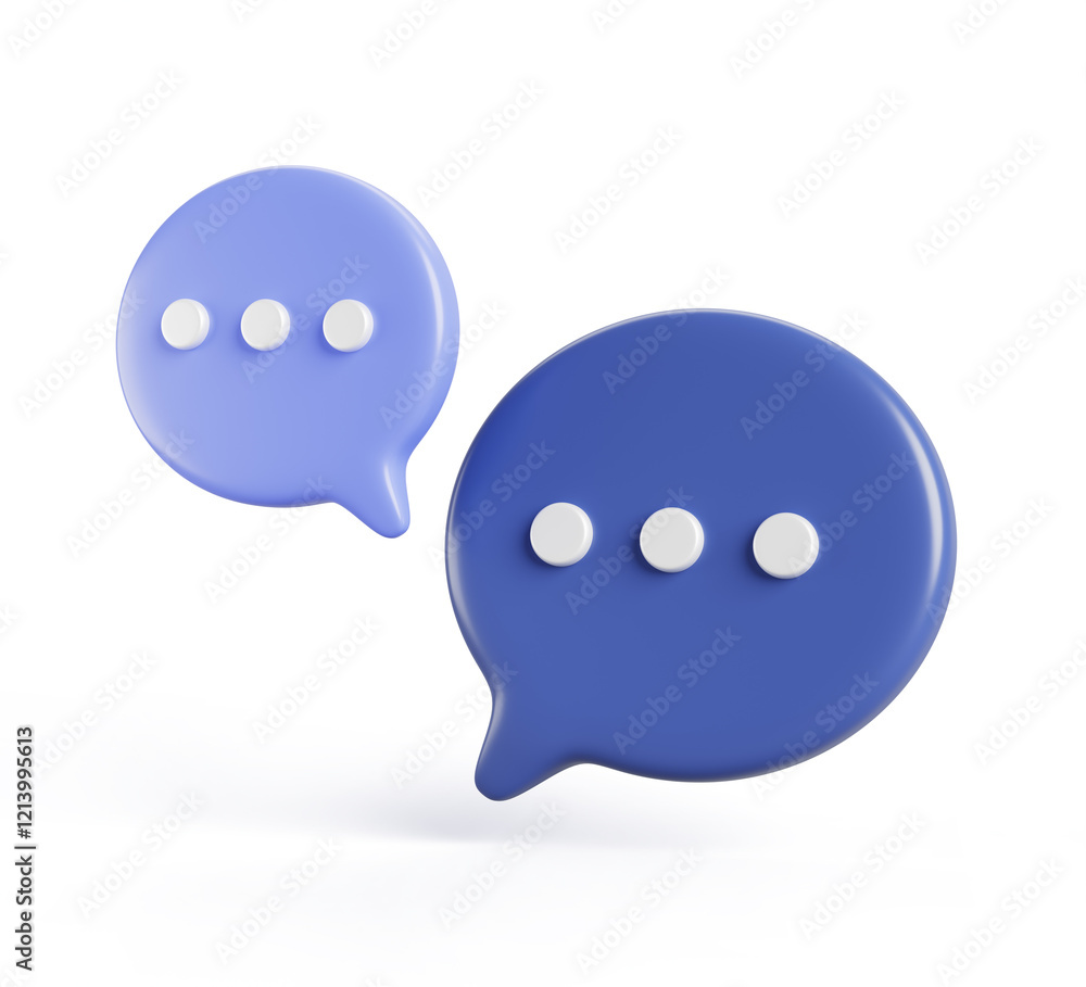 Poster 3d chat speech for message box or comment render icon. Text dialog bubbles template. Blue circle communication social dialogue banner frame with points or web notification symbol. 3D illustration