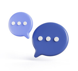 3d chat speech for message box or comment render icon. Text dialog bubbles template. Blue circle communication social dialogue banner frame with points or web notification symbol. 3D illustration