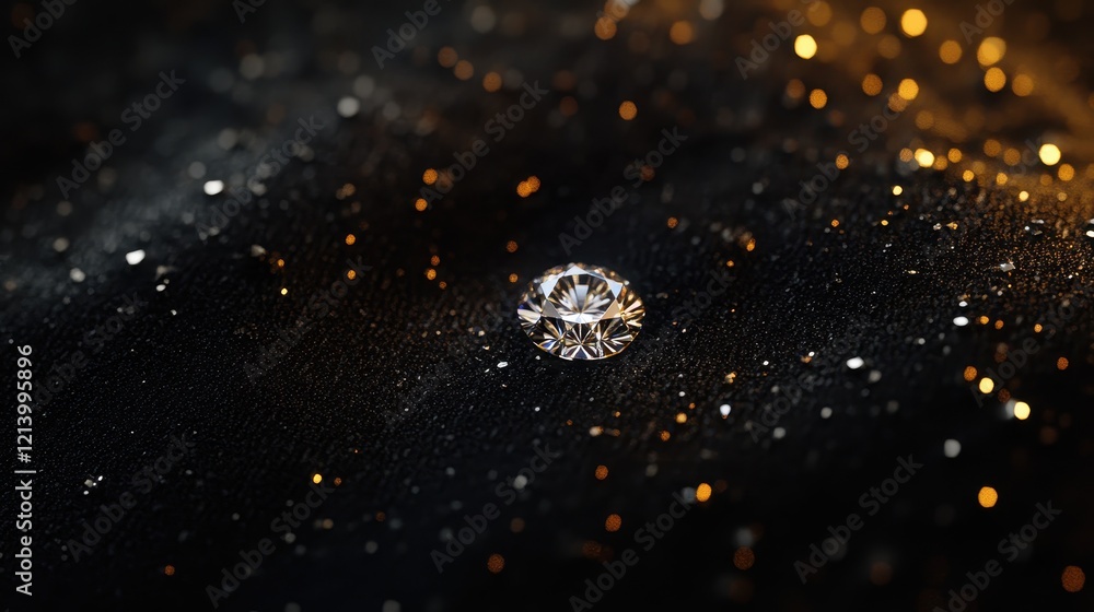 Poster sparkling diamond on textured dark background with golden bokeh lights.