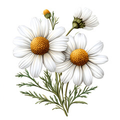 Fototapeta premium White daisies with yellow centers and green leaves